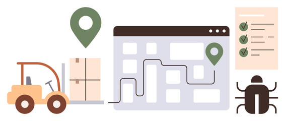 Map with route markers, forklift transporting boxes, checklist, bug icon. Ideal for logistics, supply chain, delivery management, system optimization, quality control troubleshooting simple flat