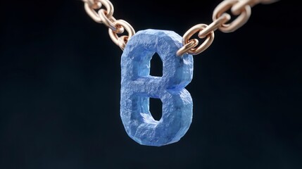 A blue ice letter B hangs suspended from a golden metal chain against a dark background