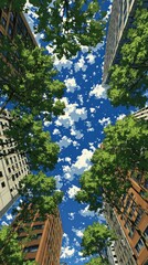 Tall buildings and lush green trees under a bright blue sky with white clouds