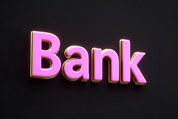 Three dimensional purple word Bank with gold trim on a dark background