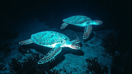 Obraz premium Sea turtles underwater bioluminescence