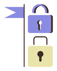 Padlocks in blue and yellow, showing locked and unlocked states alongside a vertical line with a flag. Ideal for security, privacy, access, protection, control, online safety, simple flat metaphor