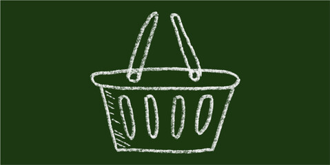 Chalk hand-drawn shopping basket icon on green chalkboard background. Simple doodle style vector for shopping, retail, store, supermarket, sale, commerce, and online market design.