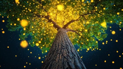 Tall tree, glowing lights, night sky - Powered by Adobe