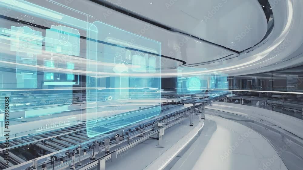 Aufkleber Futuristic factory floor with interconnected automated conveyor belts Small packages or components move smoothly along the lines