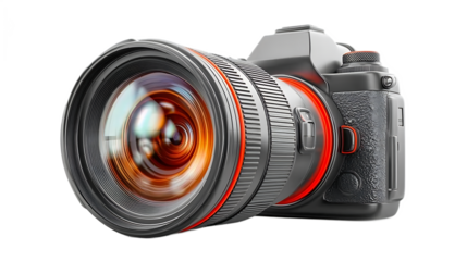 Gray Digital Camera with Orange Accents on Transparent Background