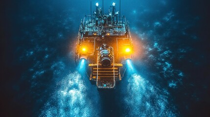 Submersible craft underwater, lights illuminating