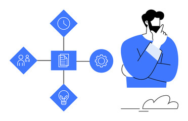 Fototapeta premium Man in a thinking posture examining icons linked by lines, symbolizing teamwork, planning, creativity, data management, and time management. Ideal for strategy, decision-making, innovation