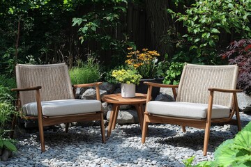 Obraz premium Scandinavian style outdoor patio set with teak wood chairs and wicker table in a minimalist garden setting