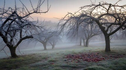 Misty Apple Orchard at Dawn - Harvest Season with Fallen Red Apples Under Bare Trees