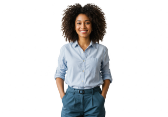Young woman with curly hair smiling and wearing a blue shirt and pants isolated on transparent background