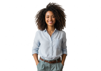 Smiling woman with curly hair in a blue shirt and green pants isolated on transparent background
