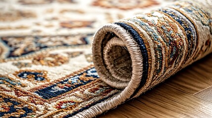 Rolled area rug on wooden floor