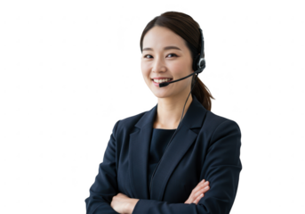 Smiling asian woman customer service representative wearing headset isolated on transparent background