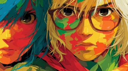 Naklejka premium Close up of two stylized anime style faces with vibrant abstract color splashes and bold outlines