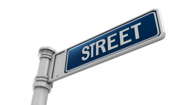 Street sign exhibits a blue plate with the text 'STREET' mounted on a white ornate pole.
