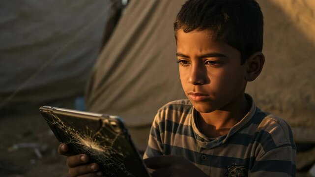 Young refugee boy focused on learning using a damaged tablet in a camp
