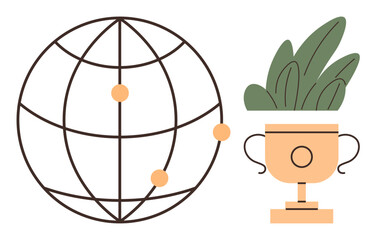 Globe with interconnected points, a gold trophy, and green foliage emphasizing global connection, success, and sustainability. Ideal for growth, leadership, reward, collaboration achievement