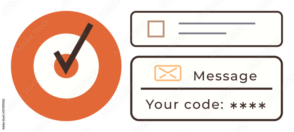 Poster checkmark within orange circle, input field, message icon, and code entry box. ideal for security, a