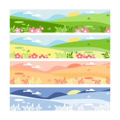 Four Seasons Landscape Illustration – Flat Nature Scene Vector Set for Spring, Summer, Autumn, Winter.