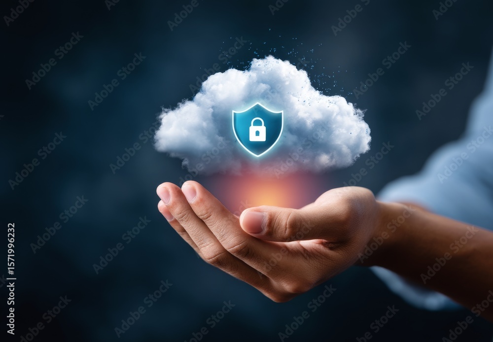 Poster secure cloud technology concept with hand holding cloud and shield symbol representing data protecti