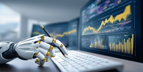 Modern Robot Hand Using Pen on Keyboard in Front of Multiple Screens Displaying Financial Data Charts