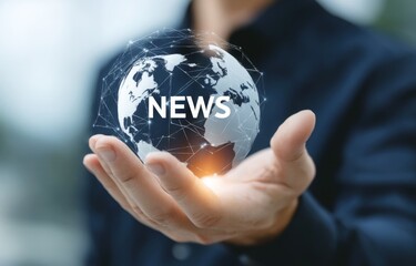 Person Holding Globe with News Text Overlay on Abstract Background Conveying Global Information Concept