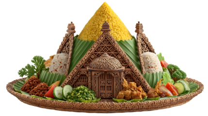 Intricate Indonesian Rice Dish with Various Sides on Wooden Plate