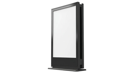 Illuminated black kiosk stand with white blank display stands alone on transparent background.