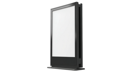 Illuminated black kiosk stand with white blank display stands alone on transparent background.