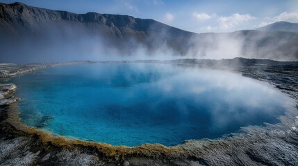 Obraz premium Vibrant blue hot spring, steam rising