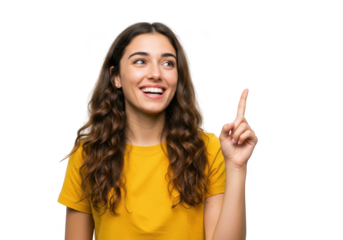 Young woman pointing upwards with a smile isolated on transparent background