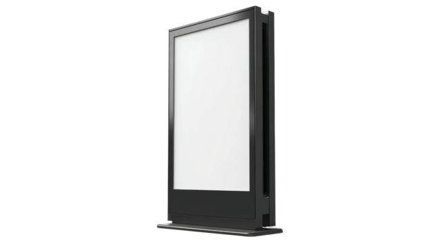 Illuminated black kiosk stand with white blank display stands alone on transparent background.