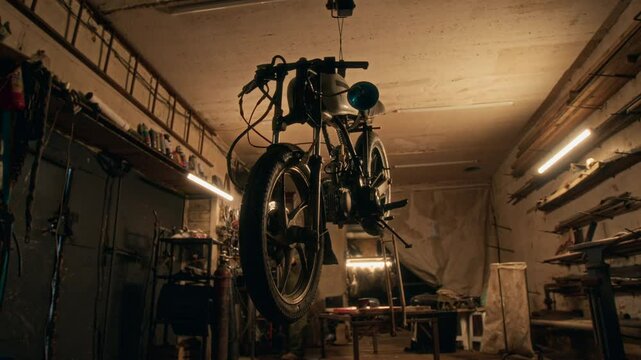 Low angle shot of suspended vintage motorcycle and unrecognizable mechanic working at workbench in his dimly lit workshop