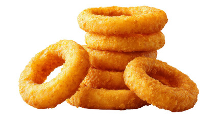 Golden onion rings are stacked and isolated on a transparent background.
