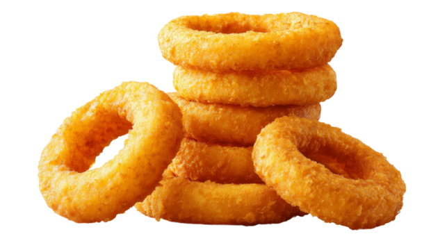 Golden onion rings are stacked and isolated on a transparent background.
