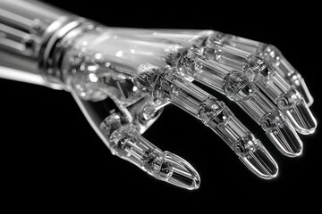 Transparent robotic hand with intricate mechanical fingers on a black background