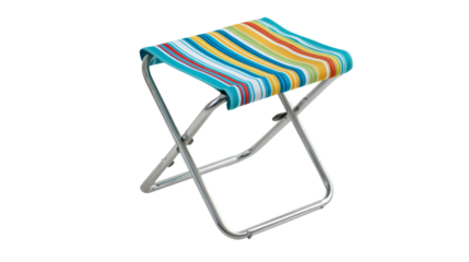Folding stool possesses a striped fabric seat and a lightweight metallic frame isolated on a transparent background.