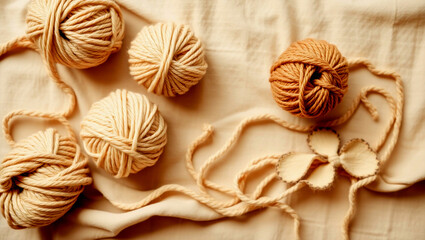 Handmade Knitting Yarn in Earthy Tones – Flat Lay of Natural Fiber Textures on Fabric Backdrop with Ample Space, Perfect for Crafting and Textile Design