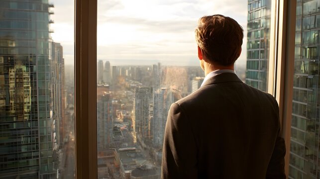 A person in a business suit is observing a city skyline from the window of a building with a lot of skyscrapers and high buildings.