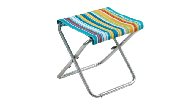 Folding stool possesses a striped fabric seat and a lightweight metallic frame isolated on a transparent background.
