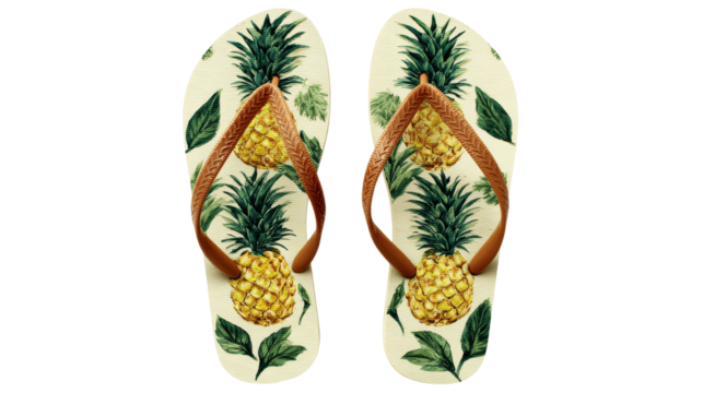 Flip flops with pineapple pattern and brown straps are isolated on a transparent background.