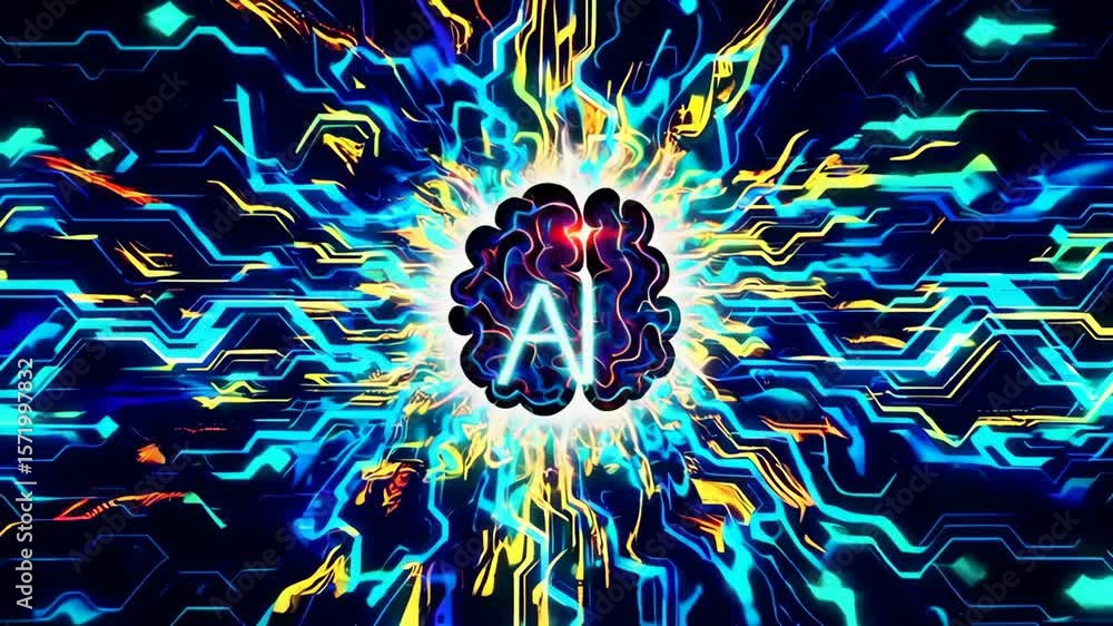 Poster artificial intelligence brain glowing and expanding with data flowing