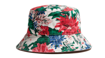 Floral bucket hat possesses a white background pattern with red, green, and blue botanical decorations.