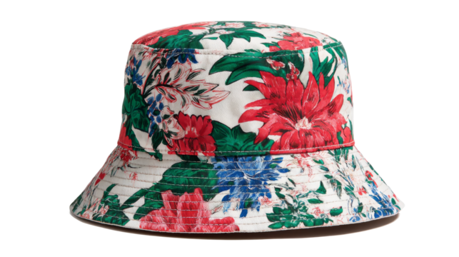 Floral bucket hat possesses a white background pattern with red, green, and blue botanical decorations.