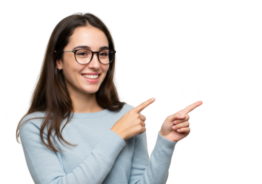 Young woman wearing glasses pointing to the side isolated on transparent background