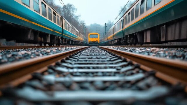 Trains face off on tracks with gravel foreground