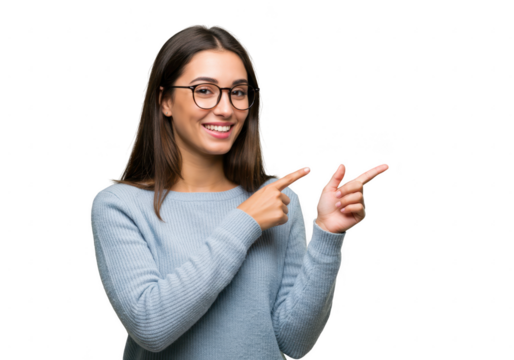 Young woman with glasses smiling and pointing to the side isolated on transparent background