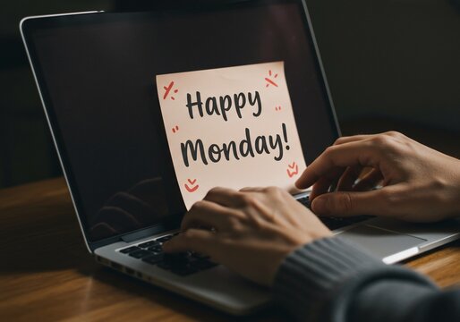 Happy Monday reminder on a laptop screen displays to motivate the start of the work week.