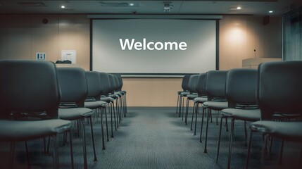 Rows of chairs face a screen displaying "Welcome", suggesting a conference, lecture, or presentation setting is about to begin.